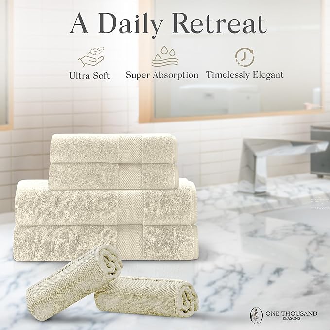 Premium Staple Cotton Bathroom Towel Set - Beige 600 GSM 6-Piece Luxury Bath Towel Set 1 Stripe - 2 Bath Towels, 2 Hand Towels & 2 Washclothes Set - High Absorbent & Quick Dry for Gym, Spa, Hotel