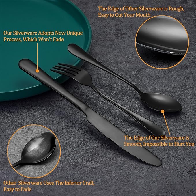 20 Pcs Black Silverware Set, Stainless Steel Flatware Set for 4, Food-Grade Cutlery Set, Mirror Polished Tableware Eating Utensils Set for Home Kitchen, Include Knife Fork Spoon Set, Dishwasher Safe