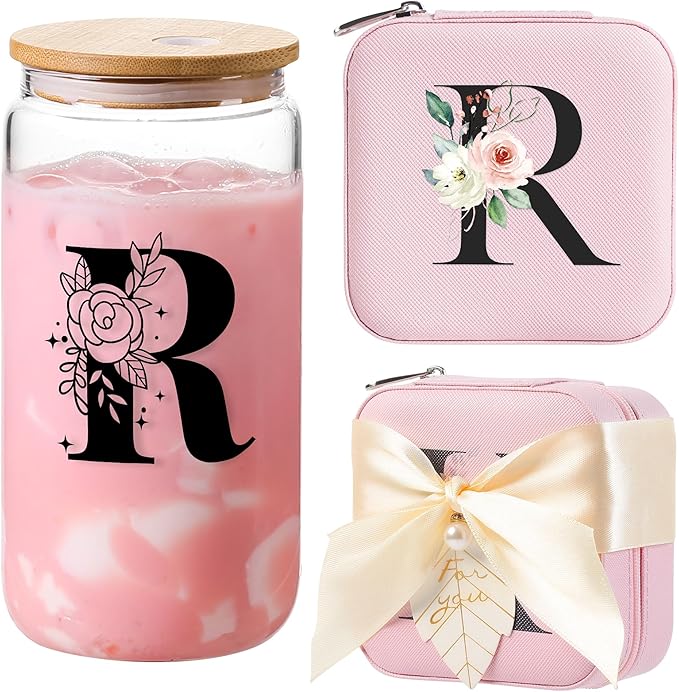 AYGXU Travel Must Have Jewelry Box glass cups with bamboo lids set,Small Travel Jewelry Case,birthday gifts for mom,Travel Gifts for Girls,Travel Jewelry Organizer,Initial R pink