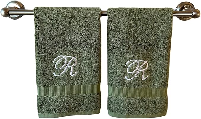 Sage Monogrammed Hand Towels for Bathroom - Luxury Hotel Quality Personalized Initial Embroidered Towel for Powder Room, Spa - GOTS Organic Certified - Set of 2 White Letter R