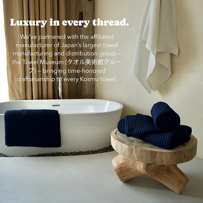 Luxury Organic Japanese Cotton Waffle Bath Towel | Thick, Absorbent, Quick Dry Bathroom Towels for Shower, Sauna, Onsen| Hotel & Spa Quality, Gift-Ready (Ocean Blue, Bath Towel Set (3-Piece))