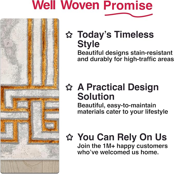 Well Woven Fairmont Collection Huntington Grey Gold & Ivory Marble Border Elegant & Soft 2x7 Runner Rug Perfect for Hallway & Bedroom Durable Stain Resistant & Easy to Clean