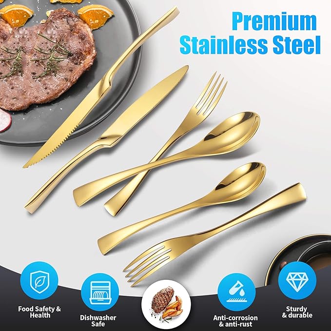 Lemeya 24-Piece Gold Silverware Set with Steak Knives,Forged 18/10 Stainless Steel Cutlery Set for 4,Modern Heavy Duty Flatware Utensils Set,Fork Spoon and Knives Set, Mirror Polished,Dishwasher Safe