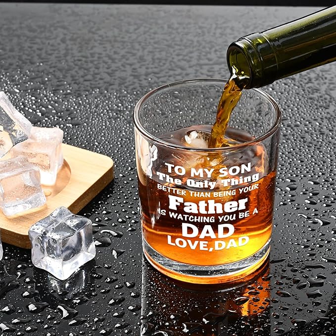 Futtumy Son Gifts from Dad, To My Son Watching You Be a Dad Whiskey Glass, Birthday Christmas Fathers Day Father to Be Gifts, 10 OZ Old Fashioned Glass