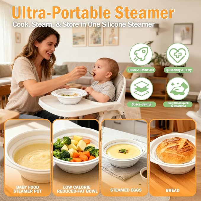 44oz White Silicone Steamer Microwave, Collapsible Vegetable Steamer Microwave with Magnetic Lid, Space-Saving Design, Dishwasher Safe Silicone Bowl for Cooking Veggies, Dumplings, Healthy Cooking