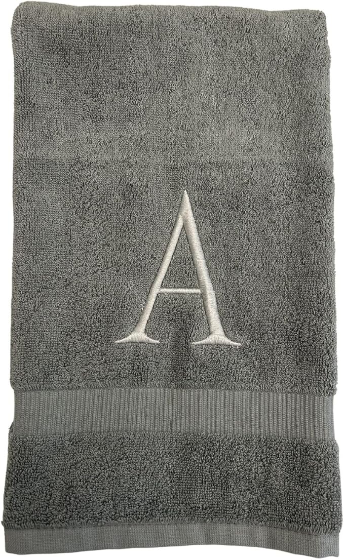 Gray Initial Hand Towel for Bathroom - Monogrammed Luxury Hotel Quality Decorative Embroidered Towel for Powder Room, Spa - GOTS Organic Certified - Set of 2 Silver Letter E