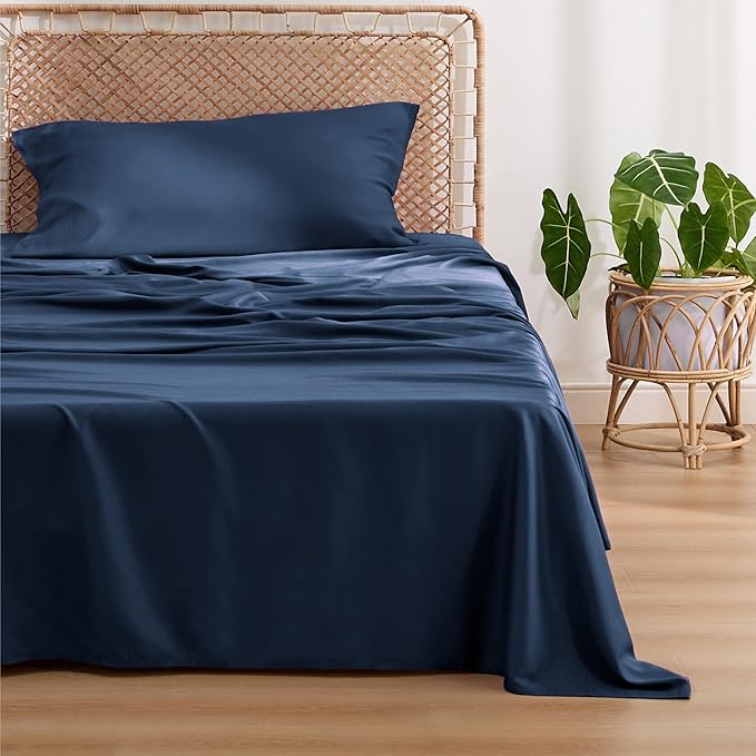 Bedsure Cooling Sheets Twin, Rayon Derived from Bamboo, Breathable & Soft Twin Sheets Set, Deep Pocket Up to 16 Inches, Hotel Luxury Silky Bedding for Hot Sleepers, Navy
