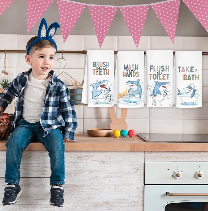 Shark Bathroom Hand Towels, Shark Bathroom Decor, Sharks Lover Gifts Decorative Hand Towels for Kids Bathrooms, Funny Coastal Beach Kitchen Towels, 16x24 Inch Set of 4