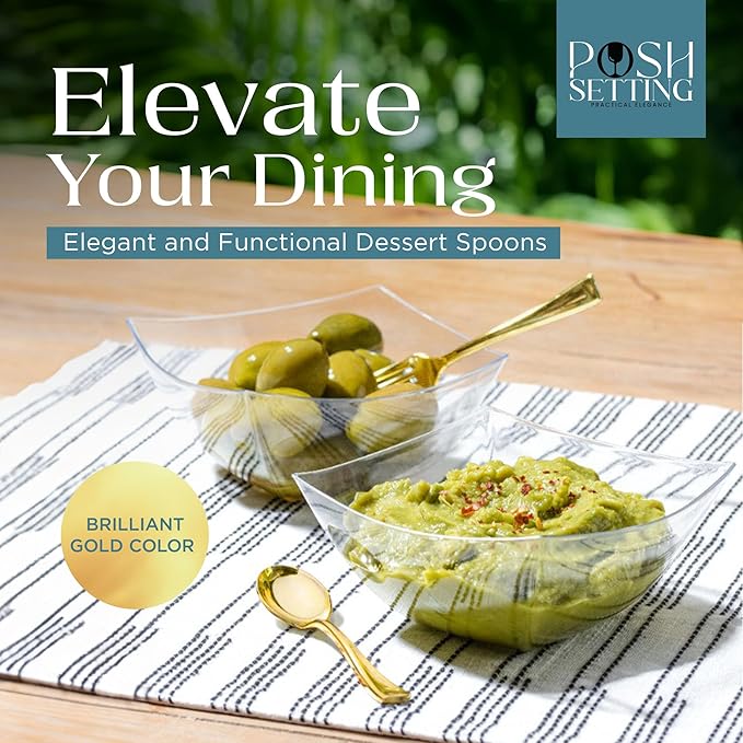 Posh Setting Plastic Mini Gold Spoons, 4 inch Gold Dessert Spoon Disposable, Small Plastic Spoons for Dessert, Tiny Little Appetizer Spoon Golden (80 Pack)