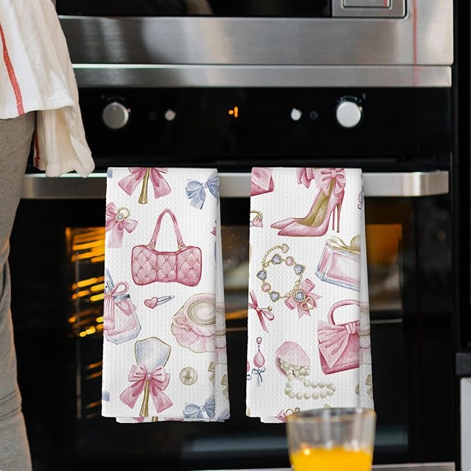 Coquette Bow Pink Bathroom Decor Kitchen Towels Set of 2, Women Fashion Hand Towels for Bathroom, Makeup Brush Perfume High Heel Modern Bath Decorative Tea Towel Dish Towels 16x24 Inch