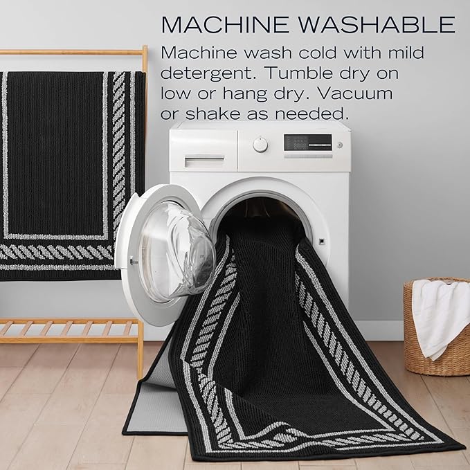 Nautica – Runner Rug | Indoor Runners for Hallways and Entry Rugs| Non-Slip and Non-Skid Entry and Kitchen Door Mat| Machine Washable Entryway Carpet Rugs | 2'6" x 12' | Rope Border Black