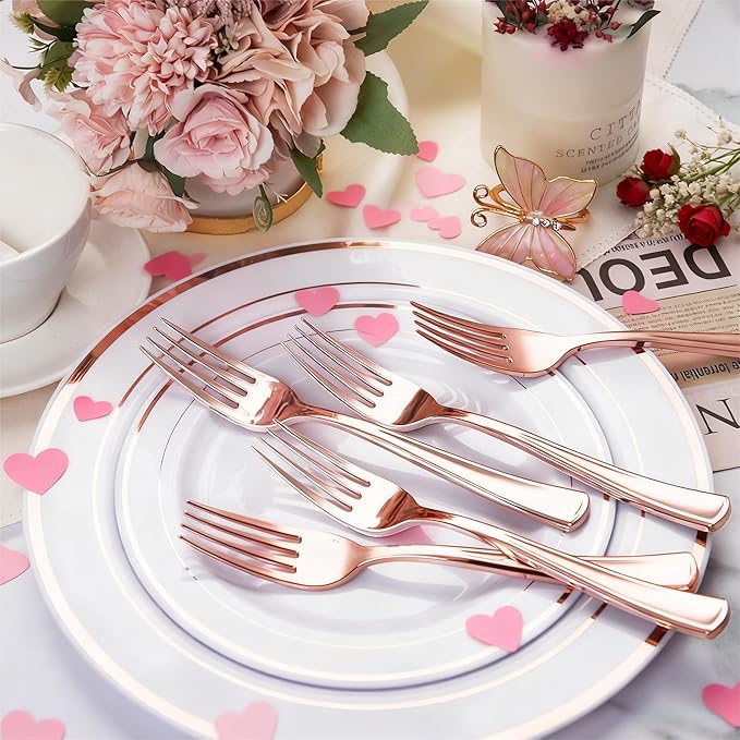 Liacere 200 Pack Rose Gold Forks Disposable - 7.4 inch Heavy Duty Plastic Forks - Heavyweight Plastic Fork - Rose Gold Silverware for Catering, Parties, Dinners, Wedding＆Mother's Day＆Valentine's Day