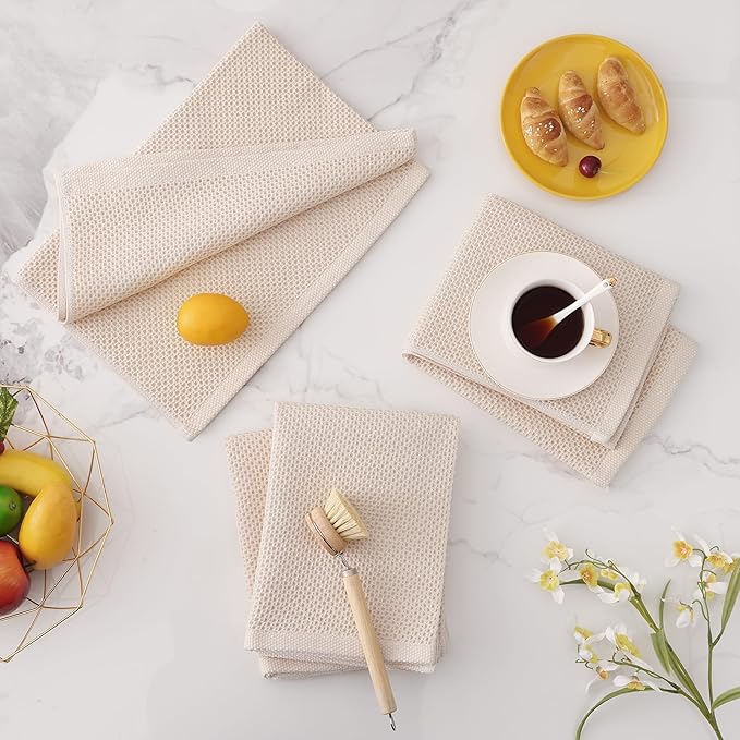 Homaxy 100% Cotton Waffle Weave Kitchen Dish Towels, Ultra Soft Absorbent Quick Drying Cleaning Towel, 20x28 Inches, 6-Pack, Beige