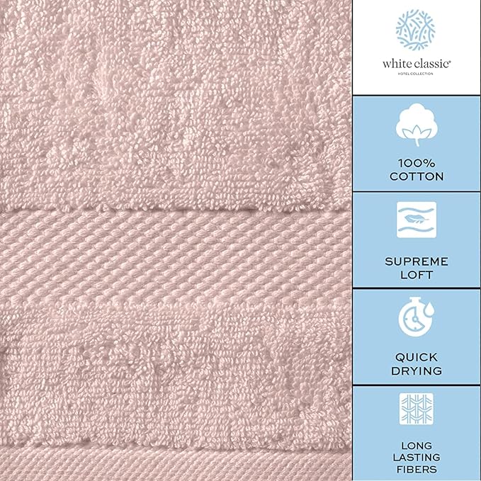 White Classic Luxury Bath Towel Set of 8 Pieces - 100% Turkish Cotton Highly Absorbent Towels for Bathroom, 2 Luxury Bath Towels 700GSM, 2 Hand Towels, 4 Washcloths, Pink