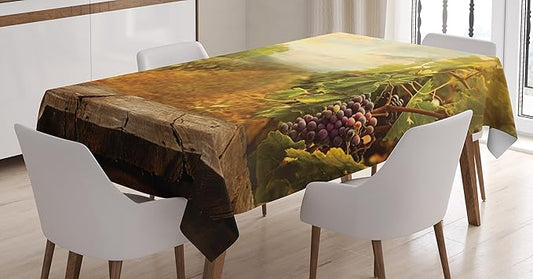 Ambesonne Vineyard Tablecloth, Vineyard Ripe Grapes Natural Rustic Country Landscape Scenery Orchads Wine, Dining Room Kitchen Rectangular Table Cover, 60" X 84", Green Brown