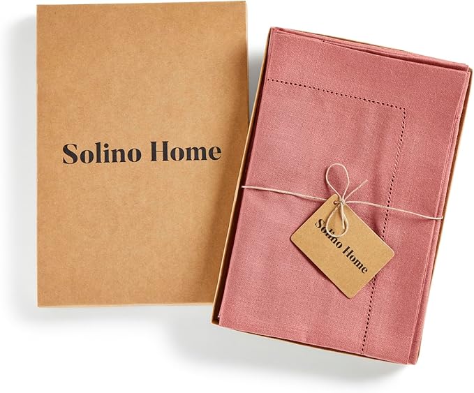 Solino Home Linen Napkins Set of 4 - Medium Weight 100% Pure Linen Hemstitch Dusty Rose Dinner Napkins Cloth 20 x 20 Inch for Valentines - Handcrafted and Machine Washable