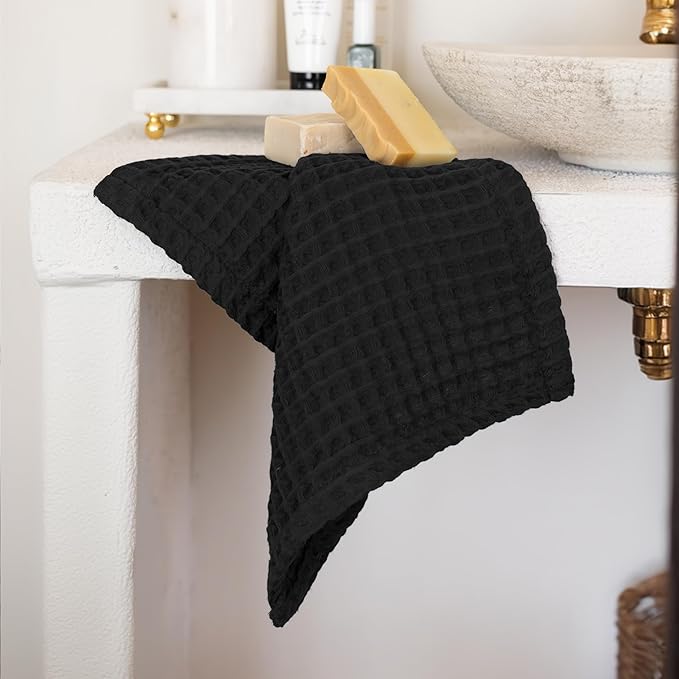 4-Piece Waffle Towels Set for Bathroom - Soft 100% Turkish Cotton Quick-Dry Lint-Free Waffle Weave Thin Bath and Hand Towels (Black, 2 Bath & 2 Hand Towel Set)