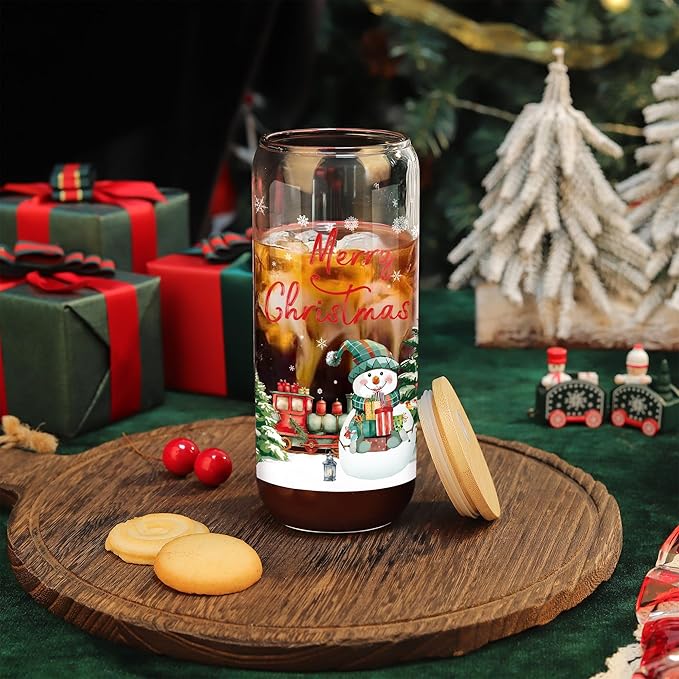 Joeyan Christmas Glass Cups,Tumbler with Lid and Straw,Snowman Train Iced Coffee Cups,Cute Can Shaped Beer Smoothie Drinking Glasses,Aesthetic Decoration Gift For Women Mom Friend,20 oz