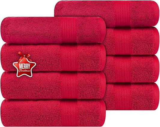 Ample Decor Hand Towel 18 X 28 Inch Pack of 8 600 GSM 100% Cotton, Soft Absorbent Premium Quality, for Hotel, Bathroom, Spa, Gym - Christmas Red