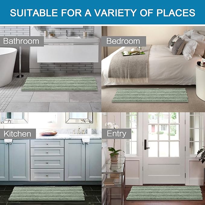 H.VERSAILTEX Bath Rugs for Bathroom Non Slip Bath Mats Extra Thick Chenille Striped Bath Rug Runners 47" x 17" Absorbent Fluffy Soft Shaggy Mats Dry Fast Plush Area Carpet for Bath Room - Sage