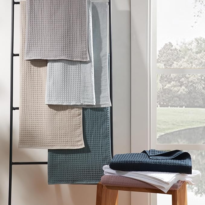 UCHINO Waffle Twist Cotton Weave Towel Set for Bathroom – 2 Bath, 2 Hand, 2 Washcloths, Lightweight Absorbent Quick Dry Honeycomb Texture Solid Terry Loop Reverse, 6 Piece, White