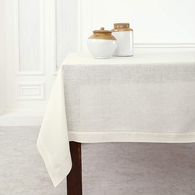 Solino Home Linen Ivory Tablecloth 60 x 144 Inch - Classic Hemstitch, 100% Pure Linen Rectangular Tablecloth - Machine Washable Table Cloth for Holiday, New Year