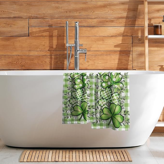 Imiss St. Patrick's Day Kitchen Towels Set of 2 Shamrock Eucalyptus Dish Tea Towels Green Buffalo Plaid Seasonal Spring Washcloth 14.4 x 28.3 Inch for Holiday Bathroom, Spa, Hotel