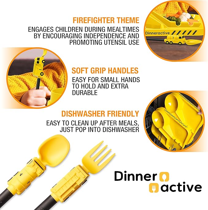 Dinneractive Utensil Set for Kids – Yellow Firefighter Themed Fork and Spoon for Toddlers and Young Children – 2-Piece Set