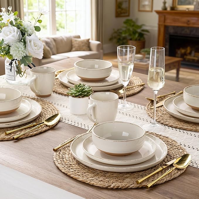 AmorArc 24 Pieces Ceramic Dinnerware Sets for 8, Handpainted Stoneware Plates and Bowls Set with Rustic Terracotta Underside, Scratch Resistant Dishes Set, Dishwasher & Microwave Safe