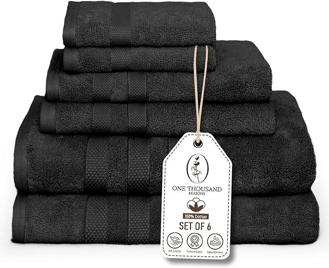 Premium Staple Cotton Bathroom Towel Set - Black 600 GSM 6-Piece Luxury Bath Towel Set 3 Stripe - 2 Bath Towels, 2 Hand Towels & 2 Washclothes Set - High Absorbent & Quick Dry for Gym, Spa, Hotel