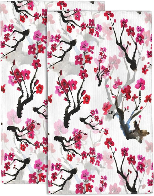 Hand Towels Set of 2 Pink Blooming Flowers Towels for Bathroom Soft Absorbent Decorative Hand Bath Towels Dish Towels for Kitchen Sports Gym Yoga Home Decor 14 x 28 in