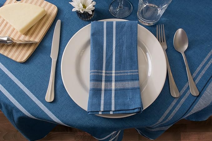 DII French Stripe Dining Table Collection Farmhouse Style Tablecloth, 70 Inches Round, Blue Chambray