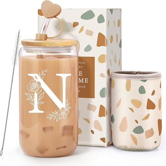 Personalized Gifts for Women, Monogrammed Gifts for Women, Initial 16 oz Glass Cups With Lids and Straws, Customized Mug, Personalized Birthday Gifts Christmas Gifts for Her Mom Friend Woman, N