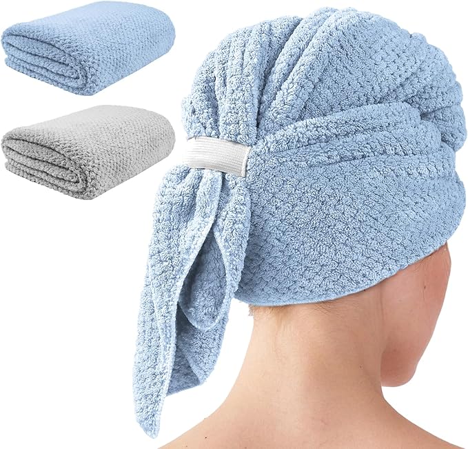 2 Pack Extra Large Microfiber Hair Towel Wrap for Women, 37.4" x 26.4" Super Absorbent & Quick Dry with Elastic Strap for Curly Hair (Blue)