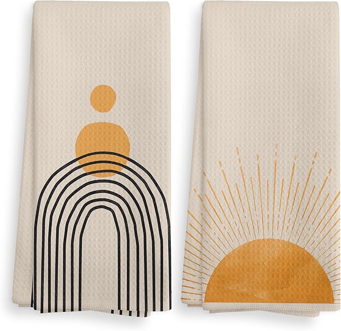 Boho Black Sun Sunrise Sunshine Rainbow Kitchen Towels and Dishcloths Sets of 2,Bohemian Absorbent Drying Cloth Hand Towels Tea Towels for Bathroom,Boho Gifts for Women Girls,16×24 inches (Orange)