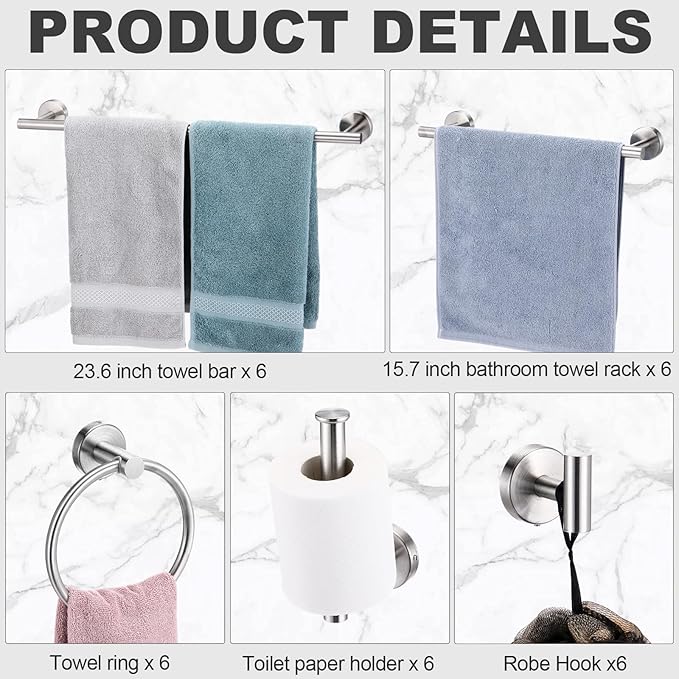 Gisafai 30 Pcs Bathroom Hardware Set, 23.6 Inch Brushed Towel Bar Ring Toilet Paper Holder Robe Towel Hook, SUS304 Stainless Steel Bathroom Accessory Set Wall Mounted (Silver)
