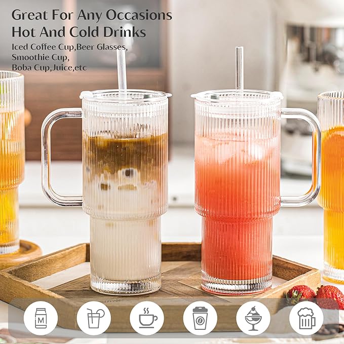 INSETLAN 26oz Ribbed Glass Tumbler with Handle & Lid – 4-Pack Large Iced Coffee Cups with Straws, Modern Glass Mug for Cold & Hot Beverages, Aesthetic Travel Cup for Smoothies, Tea, and Juice