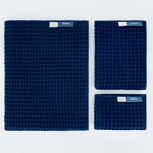 Luxury Organic Japanese Cotton Waffle Bath Towel | Thick, Absorbent, Quick Dry Bathroom Towels for Shower, Sauna, Onsen| Hotel & Spa Quality, Gift-Ready (Ocean Blue, Bath Towel Set (3-Piece))
