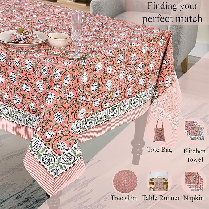 Ridhi Dark Salmon Pink Hand Block Print Cotton Rectangle Tablecloth 90" x 60" inches Reusable Table Cover Decorative Everyday Use for Dining, Farmhouse, Home, Party, Festive, Wedding, Fall