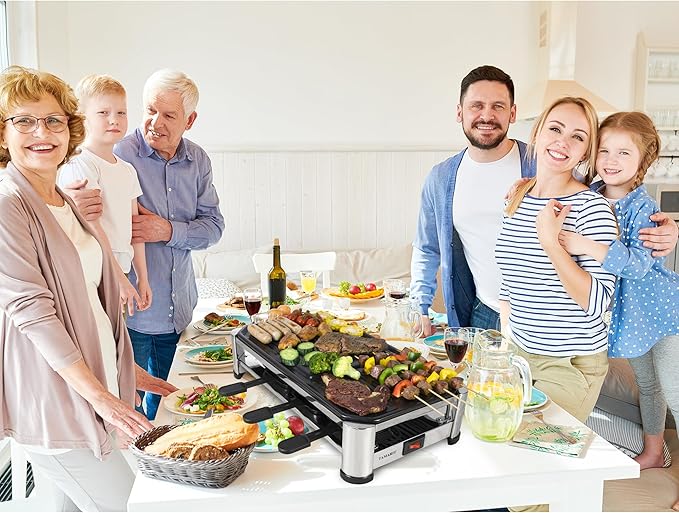TAMARIT 8-Person Raclette Grill, Electric Party Grill with Nonstick Plate, 8 Pans and Spatulas, 1500 W (Indoor), Stainless Steel