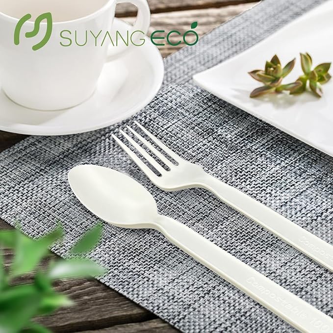 Compostable Forks and Spoons Bulk 300 Count Disposable Compostable Cutlery 100% No Plastic Silverware Heavy Duty Forks Spoons Biodegradable Utensils