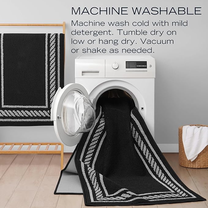 Nautica – Runner Rug | Indoor Runners for Hallways and Entry Rugs| Non-Slip and Non-Skid Entry and Kitchen Door Mat| Machine Washable Entryway Carpet Rugs | 2'2" x 5' | Rope Border Black