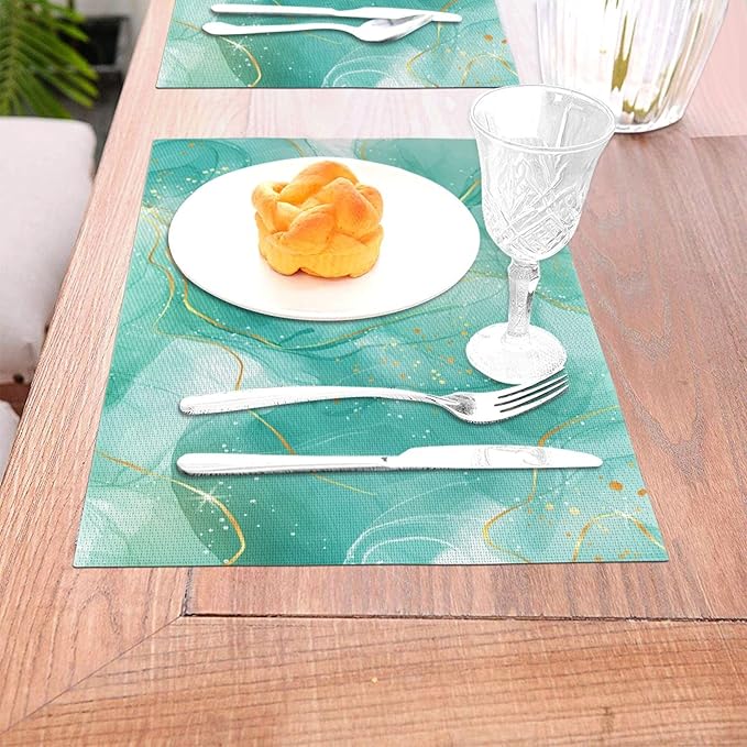 Teal Gold Marble Placemats Set of 4, Linen 12"x18" Green Turquoise Place Table Mat Washable Heat Resistant for Kitchen Dining Holiday Party Modern Home Decor