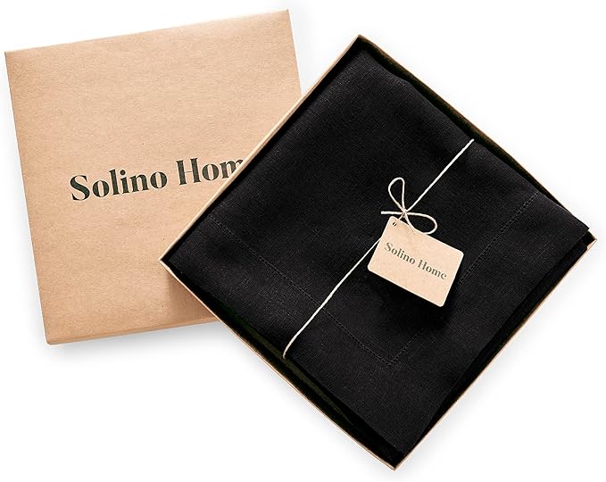 Solino Home Black Linen Tablecloth 70 x 144 Inch - 100% Pure Linen Hemstitch Table Cloth for Rectangle Tables - Sonoma Hemstitch, Machine Washable Tablecloth for Winter, New Year