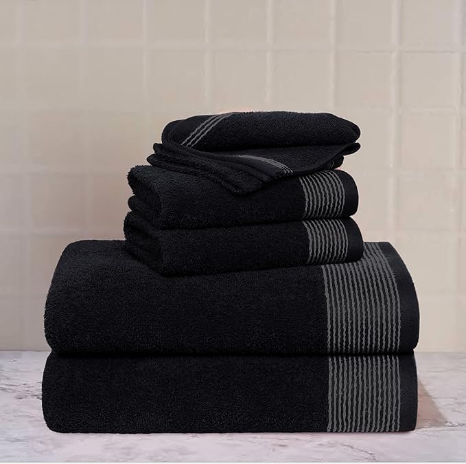 Belizzi Home 100% Cotton Ultra Soft 6 Pack Towel Set, Contains 2 Bath Towels 28x55 inchs, 2 Hand Towels 16x24 inchs & 2 Washcloths 12x12 inchs, Compact Lightweight & Highly Absorbant - Black