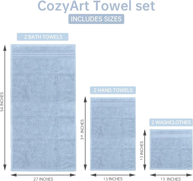 COZYART Light Blue Towel Sets for Bathroom 6Pcs, Turkish Cotton Bath Towel Set Soft Highly Absorbent and Durable 650 GSM Luxury Bathroom Sets with 2 Bath Towels, 2 Hand Towels, 2 Washclothes