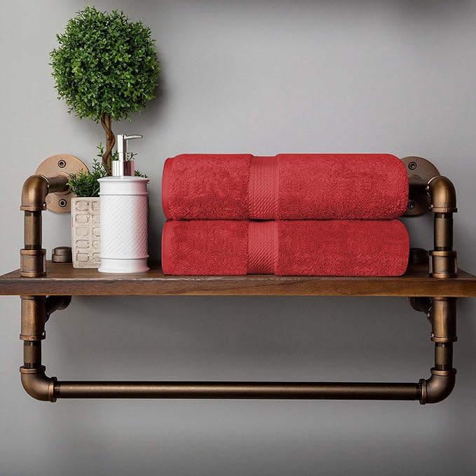 Superior Egyptian Cotton Pile Bath Towel Set of 2, Ultra Soft Luxury Towels, Thick Plush Essentials, Absorbent Heavyweight, Guest Bath, Hotel, Spa, Home Bathroom, Shower Basics, Red