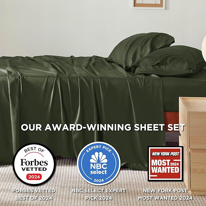 Bedsure Queen Sheet Set, Rayon Derived from Bamboo, Cooling Sheets, Breathable & Soft, Deep Pocket Up to 16 Inches, Hotel Luxury Silky Bedding for Hot Sleepers, Olive Green