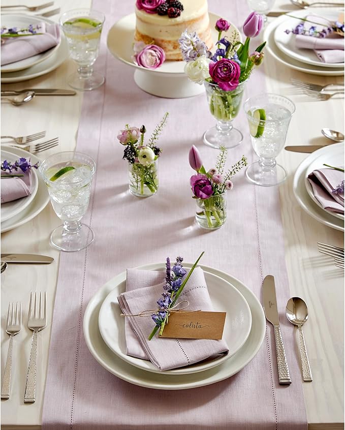 Solino Home Linen Lilac Table Runner 72 Inches Long - 100% Pure Linen Hemstitch Table Runner 14 x 72 Inch for Dresser, Dining, Valentines, New Year - Classic Hemstitch
