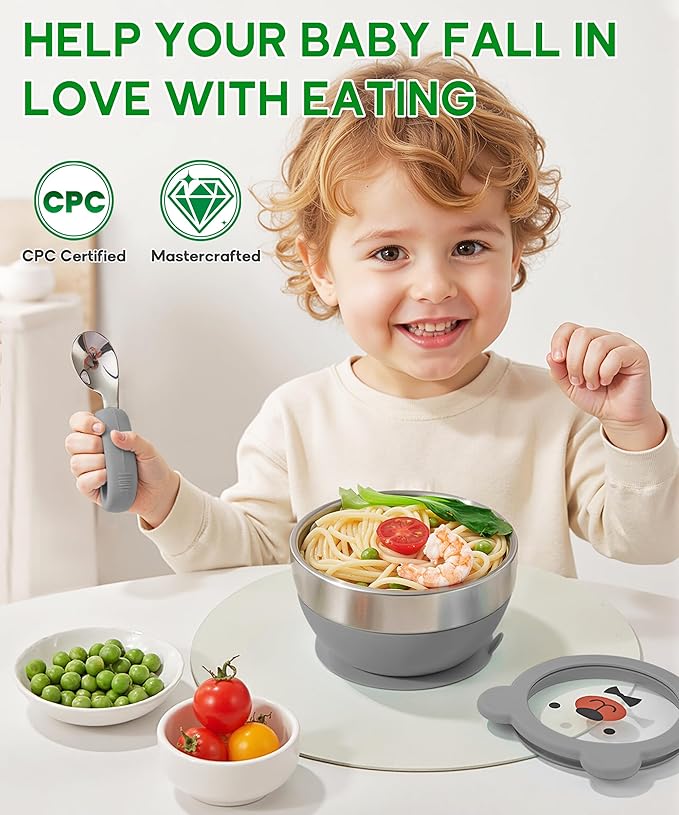 Suction Bowl and Spoon Set for Babies and Toddlers Non-Slip Silicone Suction Cups, Advanced 304 Stainless Steel Bowls, Double-Layer Insulation, and BPA-Free Lids Food-Grade Safety